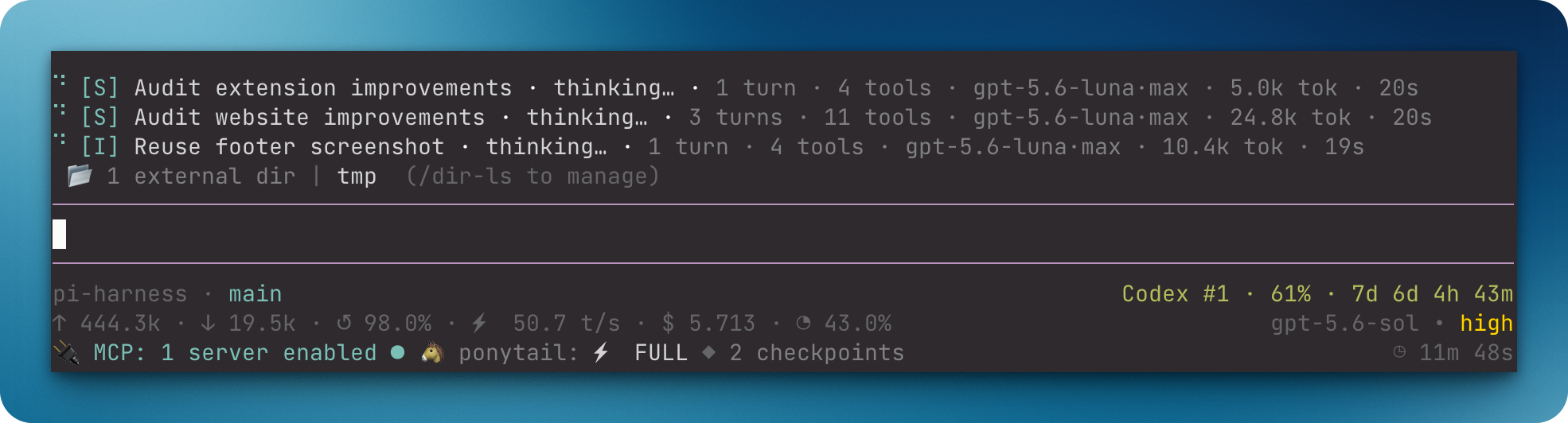 Pi running with several extensions from this repository